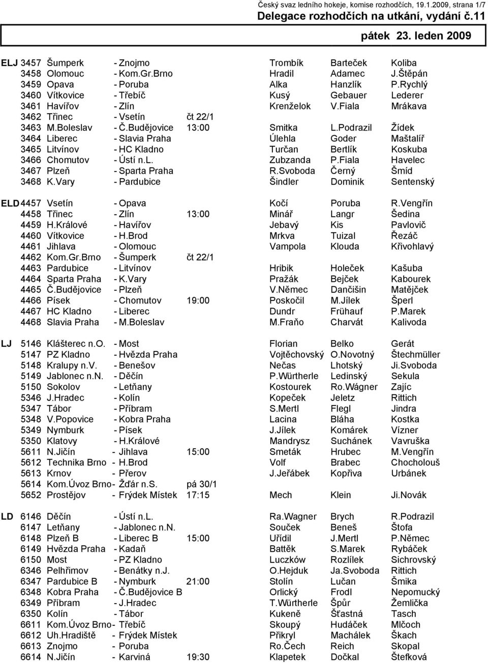 Budějovice 13:00 Smitka L.Podrazil Žídek 3464 Liberec - Slavia Praha Úlehla Goder Maštalíř 3465 Litvínov - HC Kladno Turčan Bertlík Koskuba 3466 Chomutov - Ústí n.l. Zubzanda P.