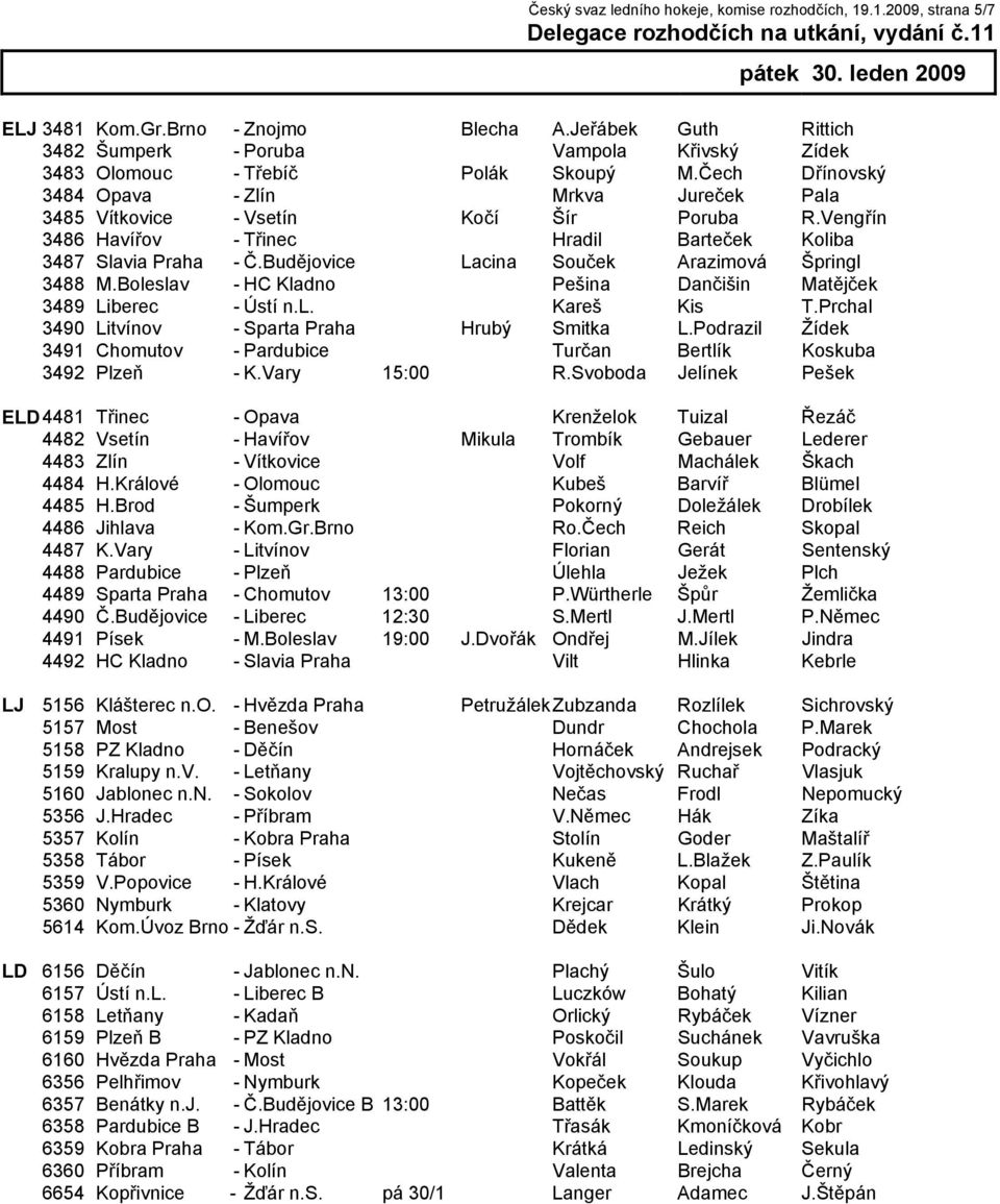 Vengřín 3486 Havířov - Třinec Hradil Barteček Koliba 3487 Slavia Praha - Č.Budějovice Lacina Souček Arazimová Špringl 3488 M.Boleslav - HC Kladno Pešina Dančišin Matějček 3489 Liberec - Ústí n.l. Kareš Kis T.