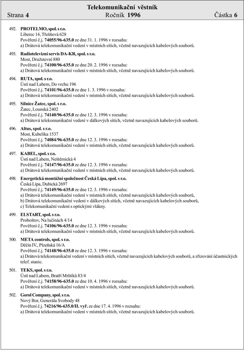 j. 74140/96-635.0 ze dne 12. 3. 1996 v rozsahu: a) Drátová telekomunikaèní vedení v dálkových sítích, vèetnì navazujících kabelových souborù. 496. Altus, spol. s r.o. Most, Kubelíka 1537 Povìøení è.j. 74084/96-635.