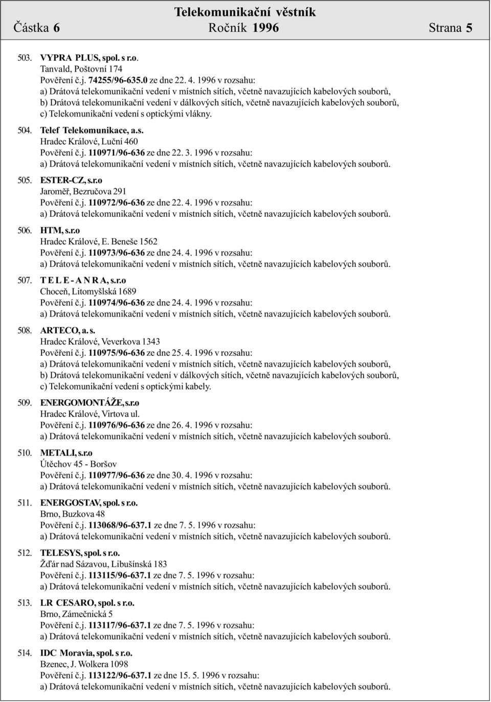 j. 110971/96-636 ze dne 22. 3. 1996 v rozsahu: 505. ESTER-CZ, s.r.o Jaromìø, Bezruèova 291 Povìøení è.j. 110972/96-636 ze dne 22. 4. 1996 v rozsahu: 506. HTM, s.r.o Hradec Králové, E.