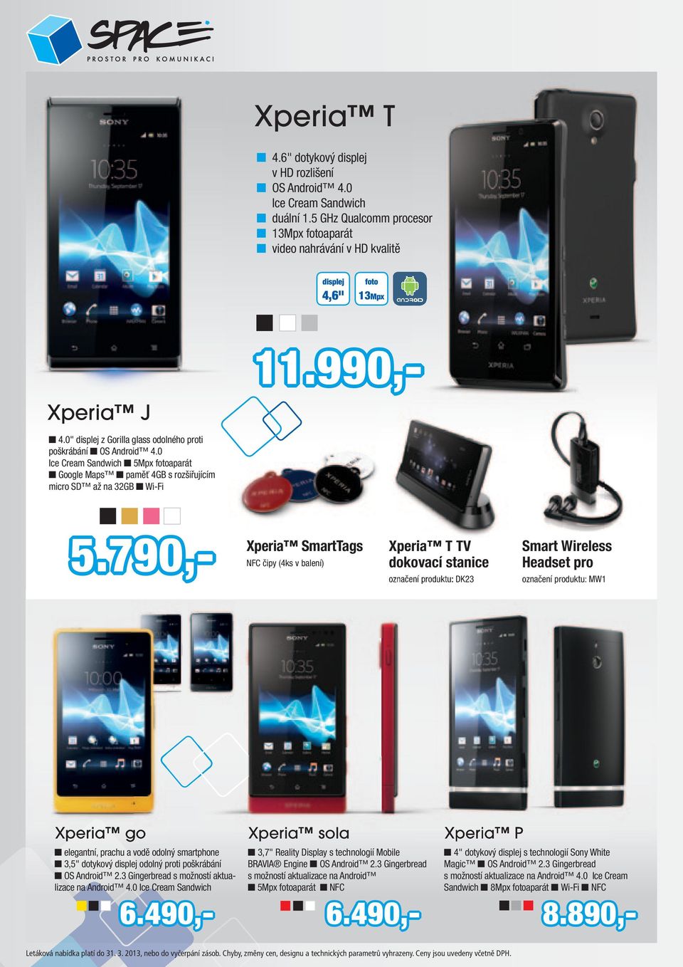 790,- Xperia SmartTags NFC čipy (4ks v balení) Xperia T TV dokovací stanice označení produktu: DK23 Smart Wireless Headset pro označení produktu: MW1 Xperia go elegantní, prachu a vodě odolný