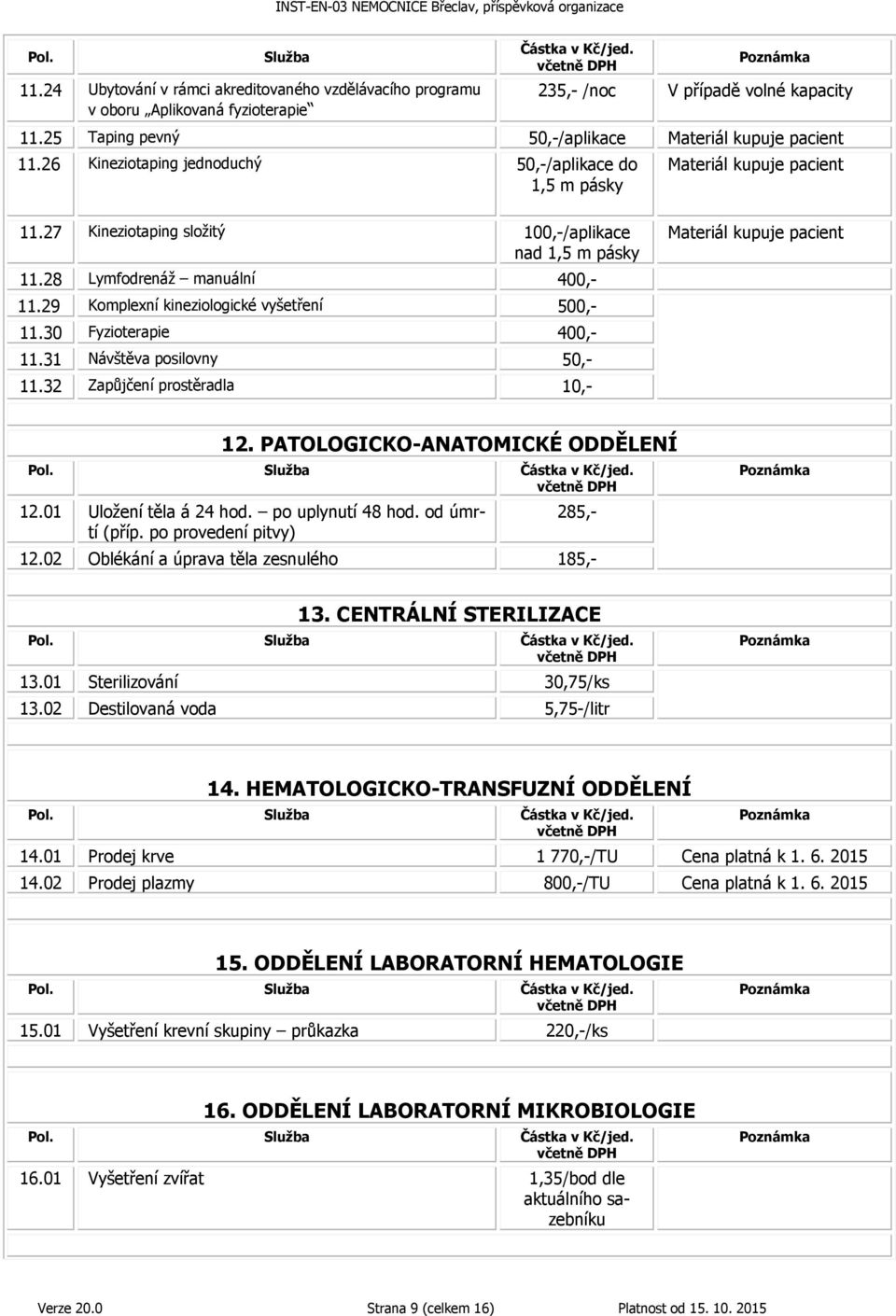 29 Komplexní kineziologické vyšetření 500,- 11.30 Fyzioterapie 400,- 11.31 Návštěva posilovny 50,- 11.32 Zapůjčení prostěradla 10,- Materiál kupuje pacient 12. PATOLOGICKO-ANATOMICKÉ ODDĚLENÍ 12.