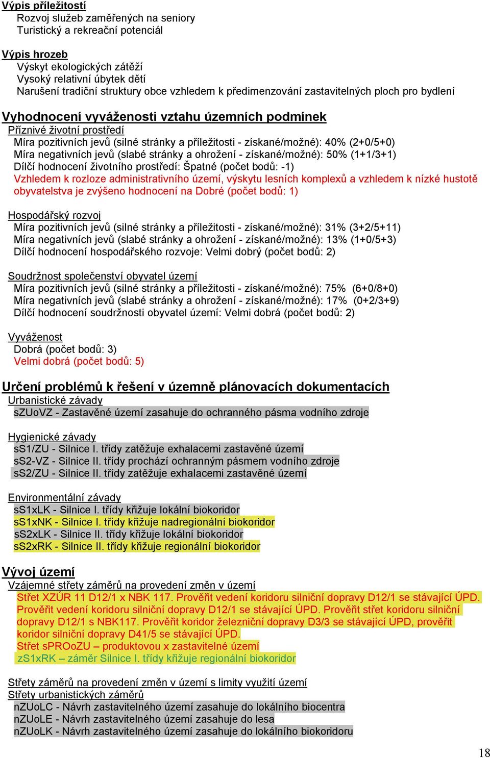 (2+0/5+0) Míra negativních jevů (slabé stránky a ohrožení - získané/možné): 50% (1+1/3+1) Dílčí hodnocení životního prostředí: Špatné (počet bodů: -1) Vzhledem k rozloze administrativního území,