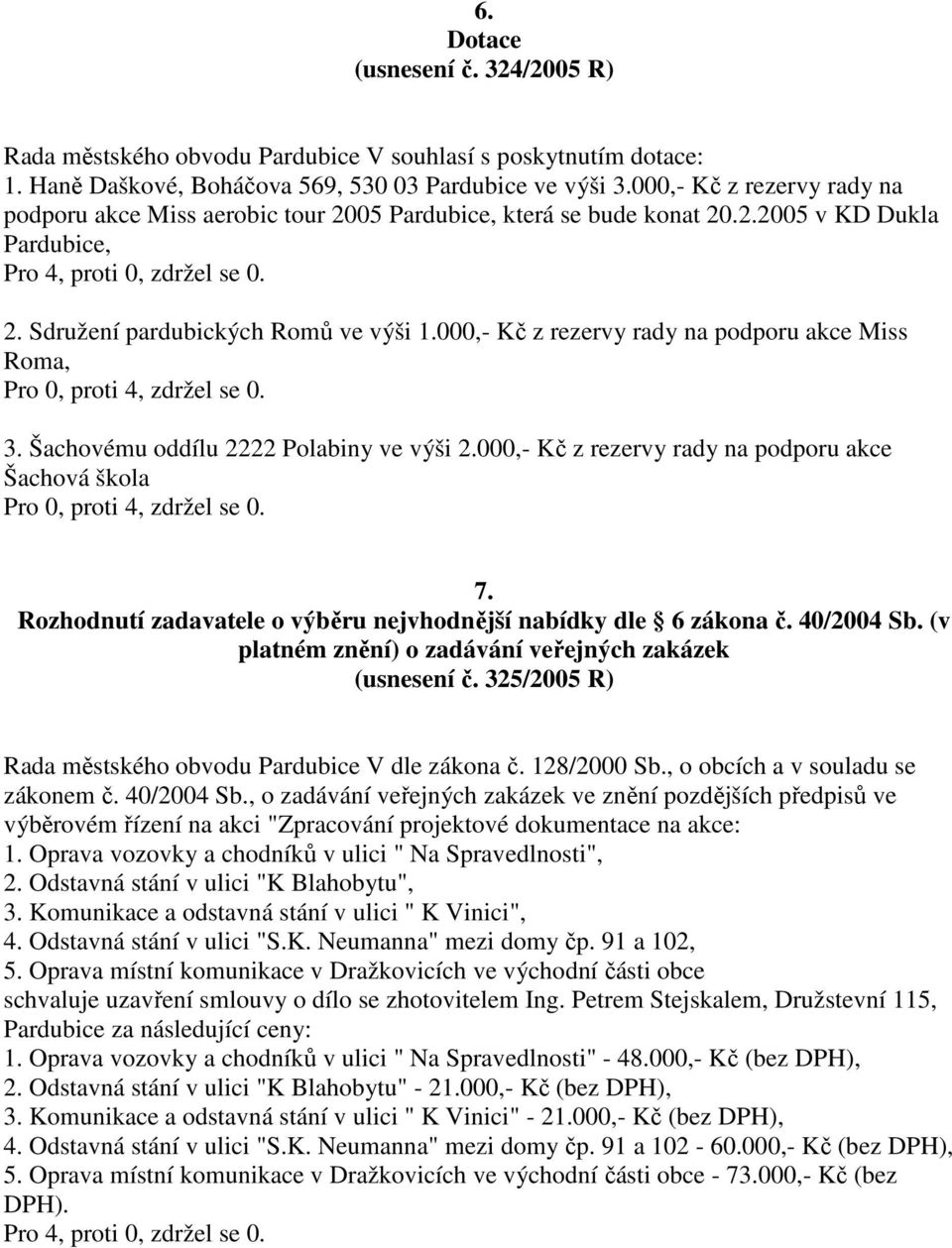 000,- Kč z rezervy rady na podporu akce Miss Roma, 3. Šachovému oddílu 2222 Polabiny ve výši 2.000,- Kč z rezervy rady na podporu akce Šachová škola 7.