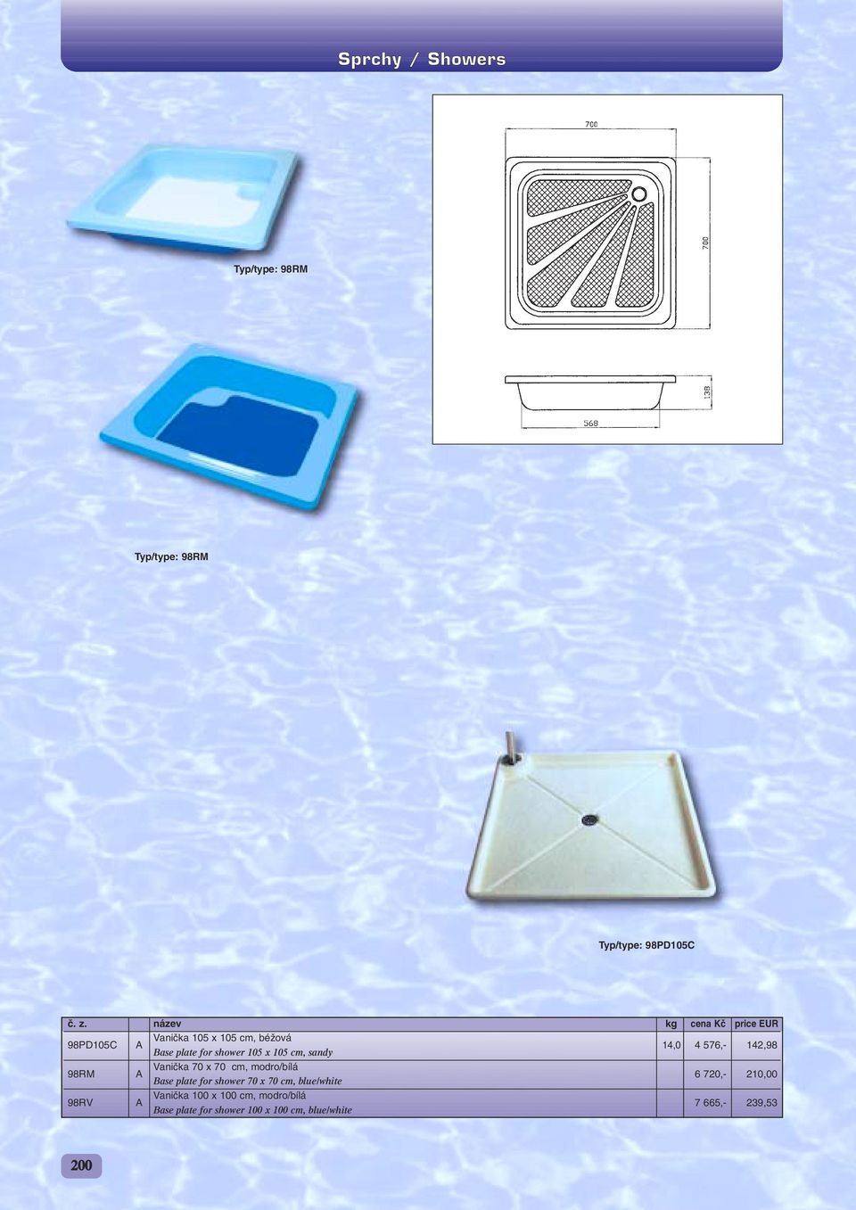 70 x 70 cm, modro/bílá 6 720,- 210,00 Base plate for shower 70 x 70 cm, blue/white 98RV A