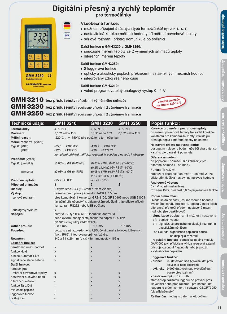 výměnných snímačů teploty diferenční měření teploty Ruční měřicí přístroje Další funkce GMH3250: 2 loggerové funkce optický a akustický poplach překročení nastavitelných mezních hodnot integrovaný