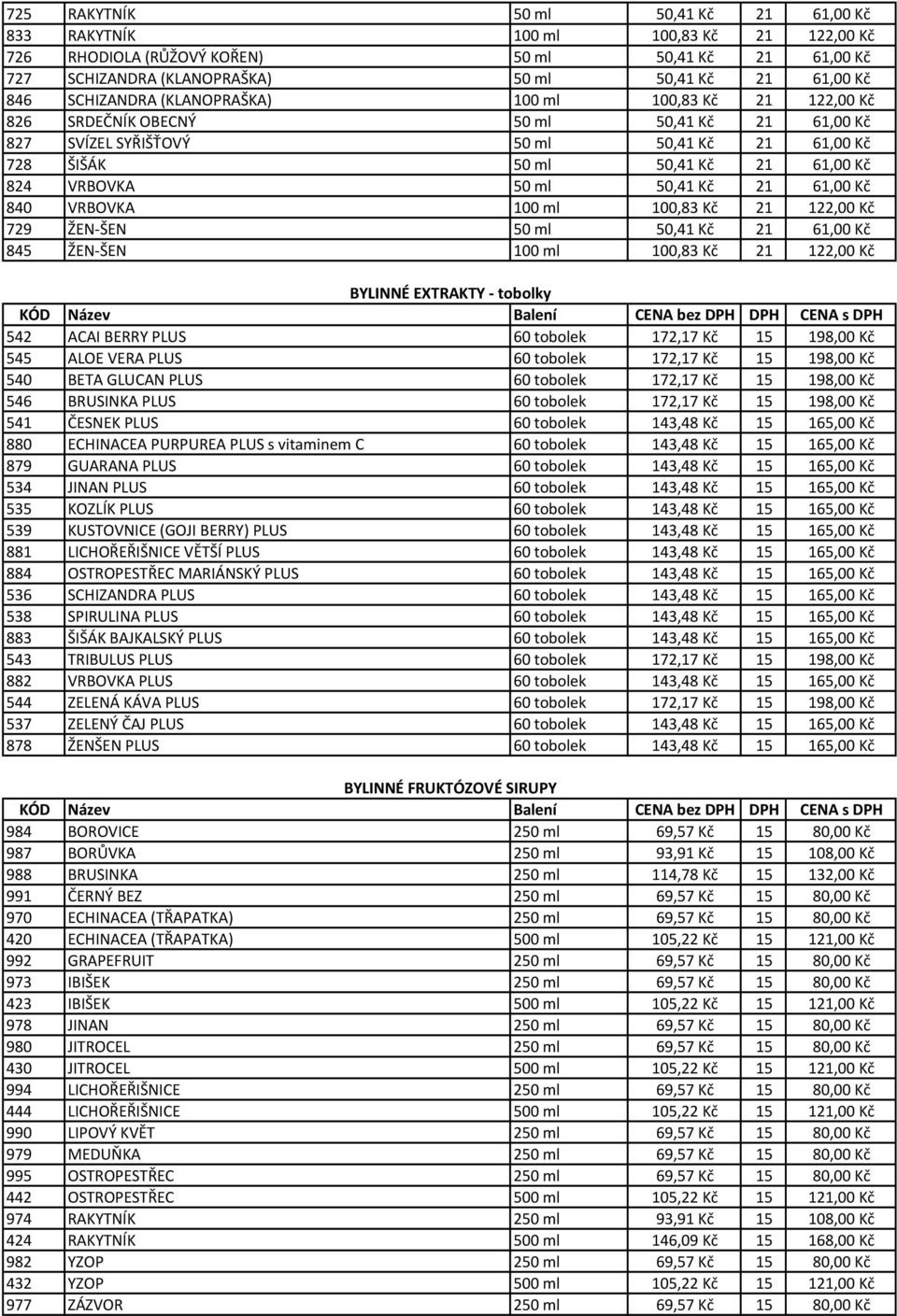 50 ml 50,41 Kč 21 61,00 Kč 840 VRBOVKA 100 ml 100,83 Kč 21 122,00 Kč 729 ŽEN-ŠEN 50 ml 50,41 Kč 21 61,00 Kč 845 ŽEN-ŠEN 100 ml 100,83 Kč 21 122,00 Kč BYLINNÉ EXTRAKTY - tobolky 542 ACAI BERRY PLUS 60