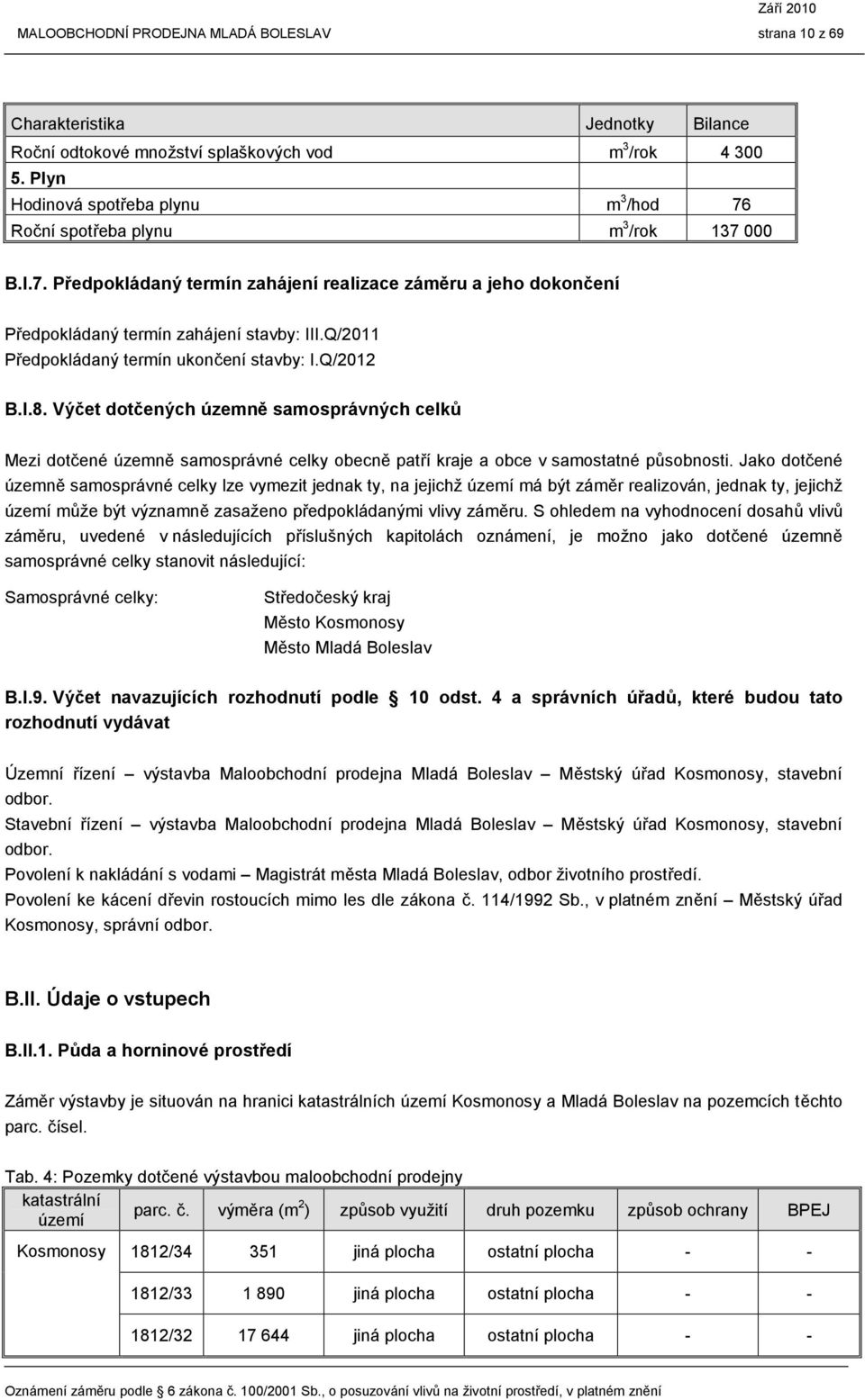 Q/2011 Předpokládaný termín ukončení stavby: I.Q/2012 B.I.8. Výčet dotčených územně samosprávných celků Mezi dotčené územně samosprávné celky obecně patří kraje a obce v samostatné působnosti.