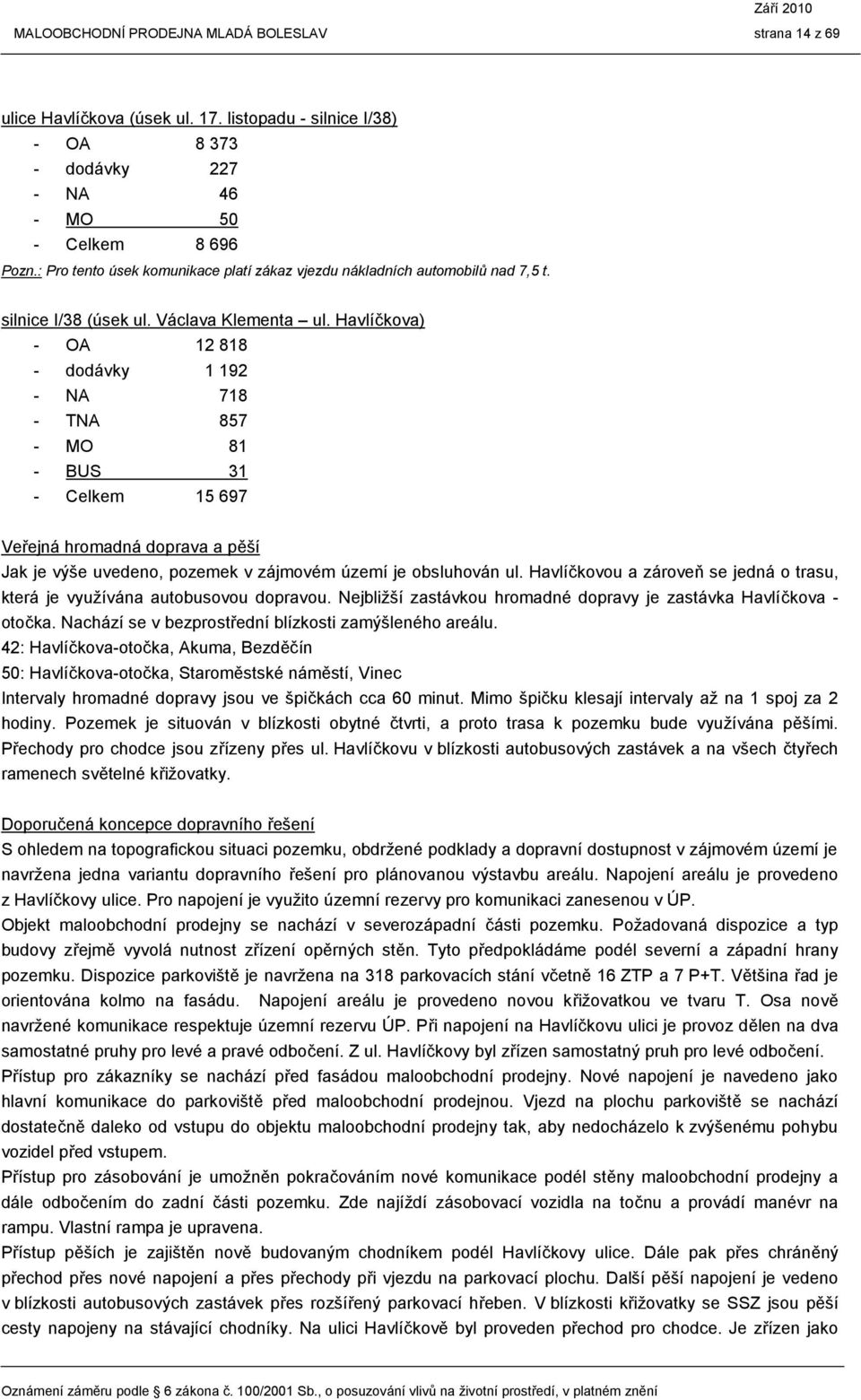 Havlíčkova) - OA 12 818 - dodávky 1 192 - NA 718 - TNA 857 - MO 81 - BUS 31 - Celkem 15 697 Veřejná hromadná doprava a pěší Jak je výše uvedeno, pozemek v zájmovém území je obsluhován ul.