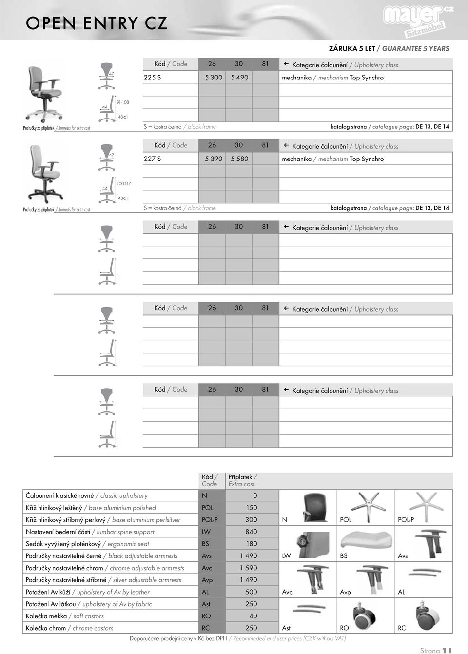 leštěný / base aluminium polished POL 150 Kříž hliníkový stříbrný perlový / base aluminium perlsilver POL-P 300 N POL POL-P Nastavení bederní části / lumbar spine support LW 840 Sedák vyvýšený