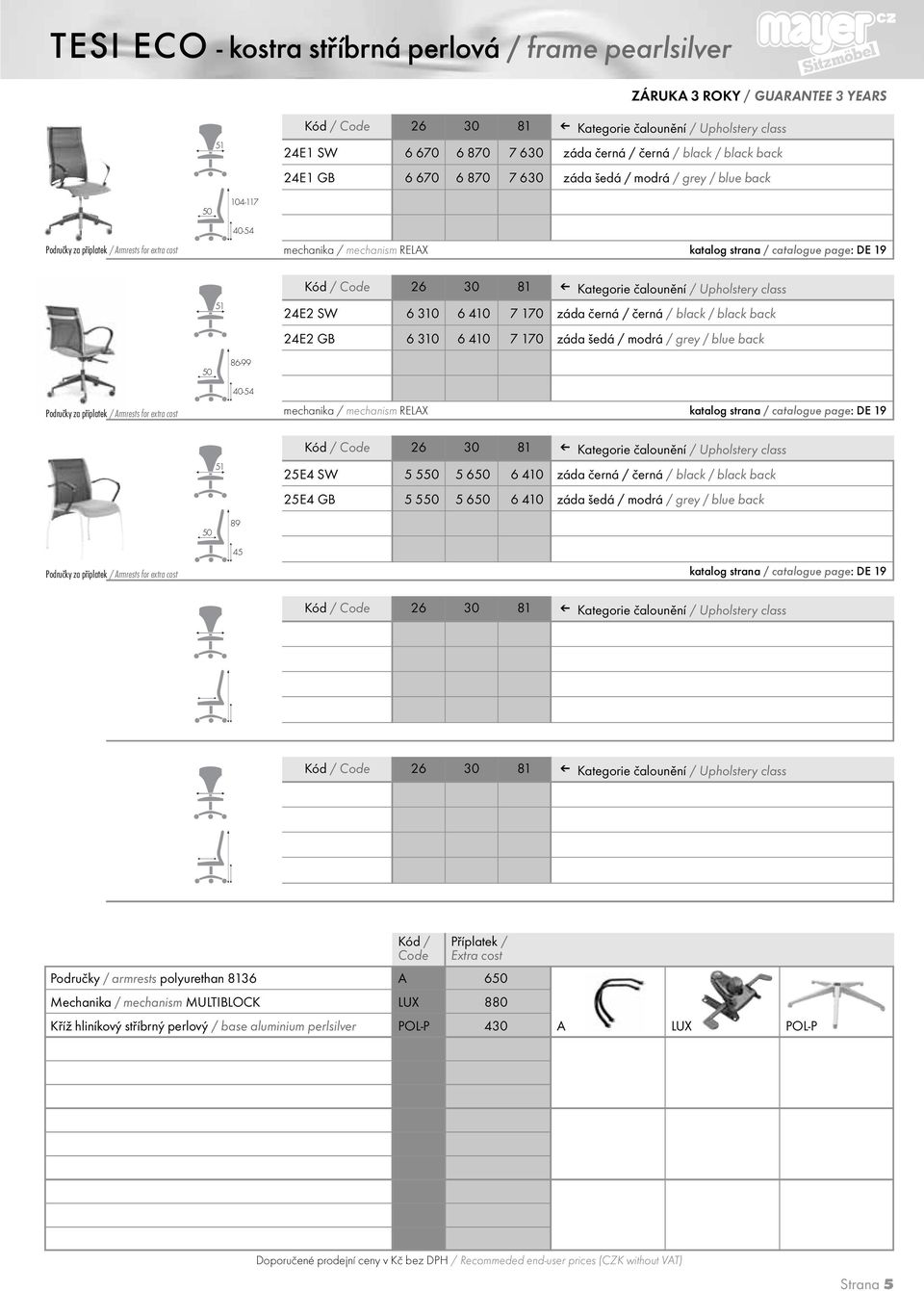 170 záda šedá / modrá / grey / blue back 50 86-99 40-54 mechanika / mechanism RELAX katalog strana / catalogue page: DE 19 51 25E4 SW 5 550 5 650 6 410 záda černá / černá / black / black back 25E4 GB