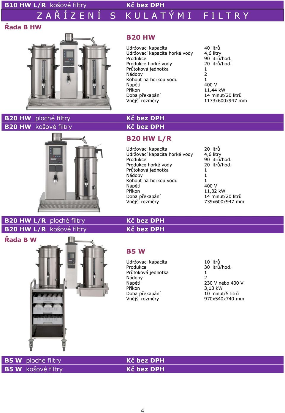 horké vody 11,32 kw 14 minut/ 739x600x947 mm B20 HW L/R ploché filtry B20 HW L/R košové