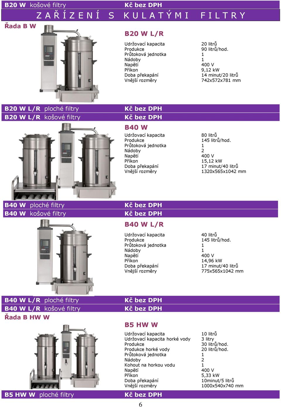 15,12 kw 17 minut/ 1320x565x1042 mm B40 W ploché filtry B40 W košové filtry B40 W L/R 14/hod.