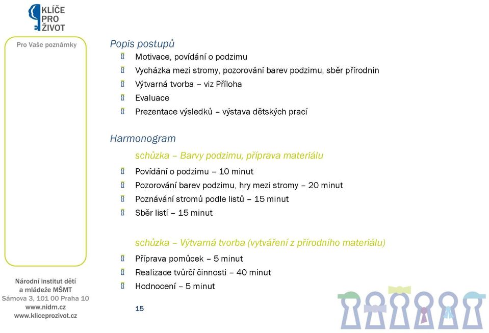 podzimu 10 minut Pozorování barev podzimu, hry mezi stromy 20 minut Poznávání stromů podle listů 15 minut Sběr listí 15 minut