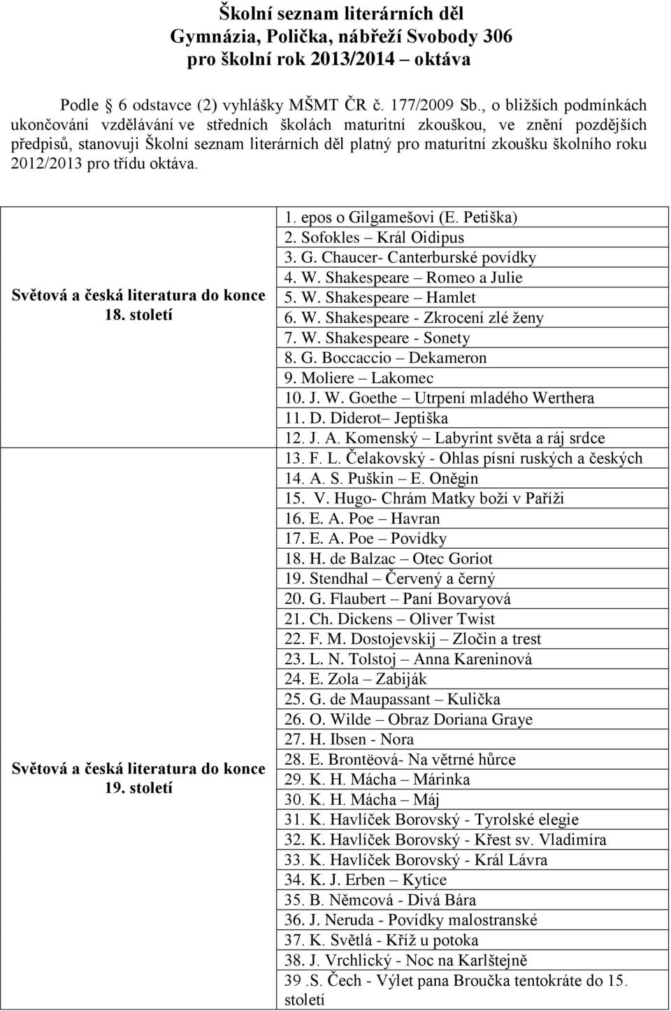 2012/2013 pro třídu oktáva. Světová a česká literatura do konce 18. století Světová a česká literatura do konce 19. století 1. epos o Gilgamešovi (E. Petiška) 2. Sofokles Král Oidipus 3. G. Chaucer- Canterburské povídky 4.