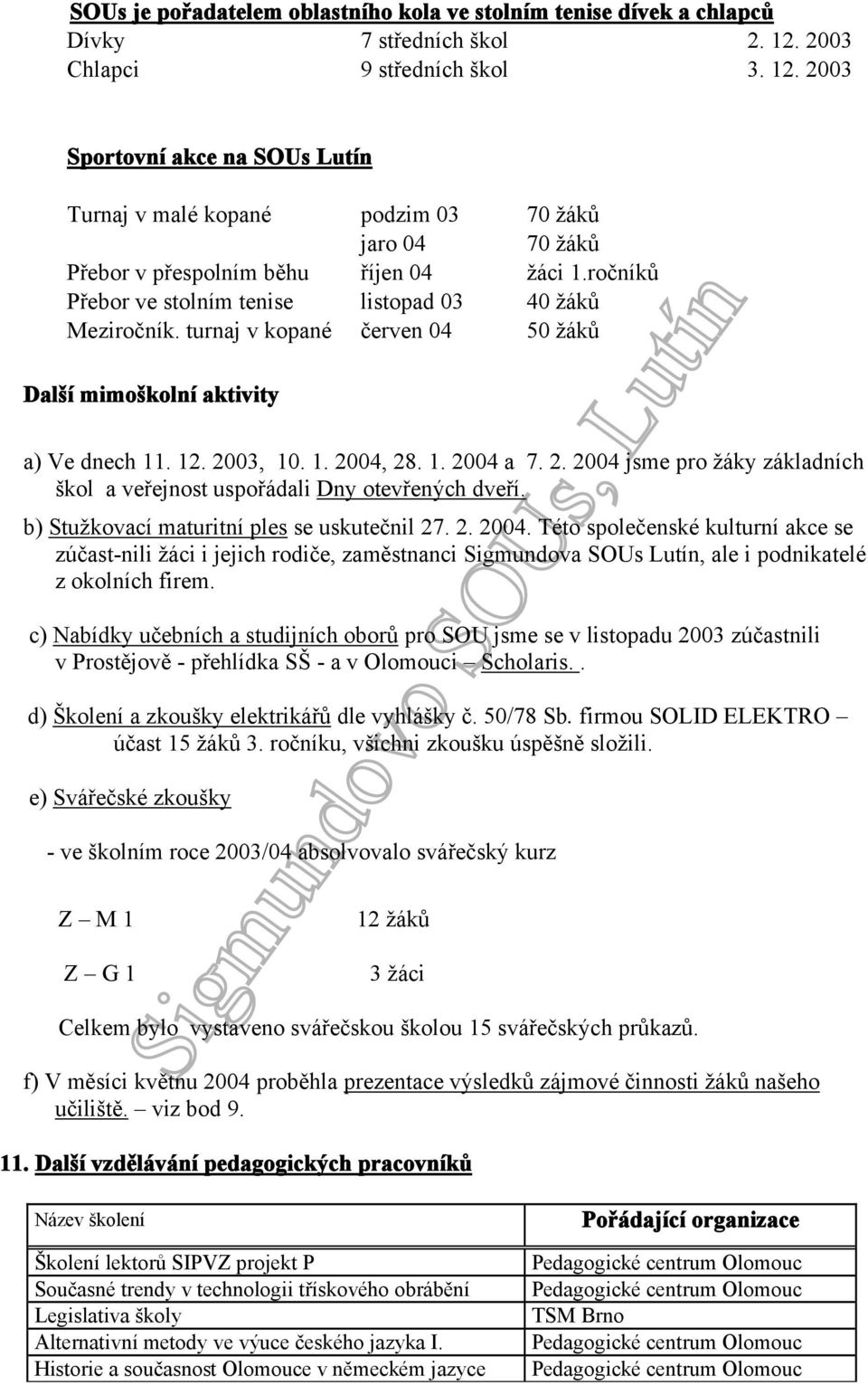 ročníků Přebor ve stolním tenise listopad 03 40 žáků Meziročník. turnaj v kopané červen 04 50 žáků Další mimoškolní aktivity a) Ve dnech 11. 12. 20