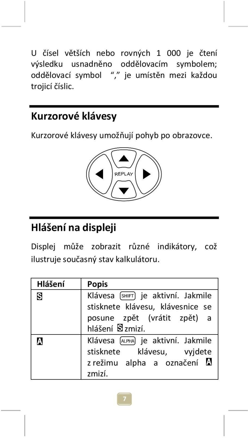 Hlášení na displeji Displej může zobrazit různé indikátory, což ilustruje současný stav kalkulátoru.