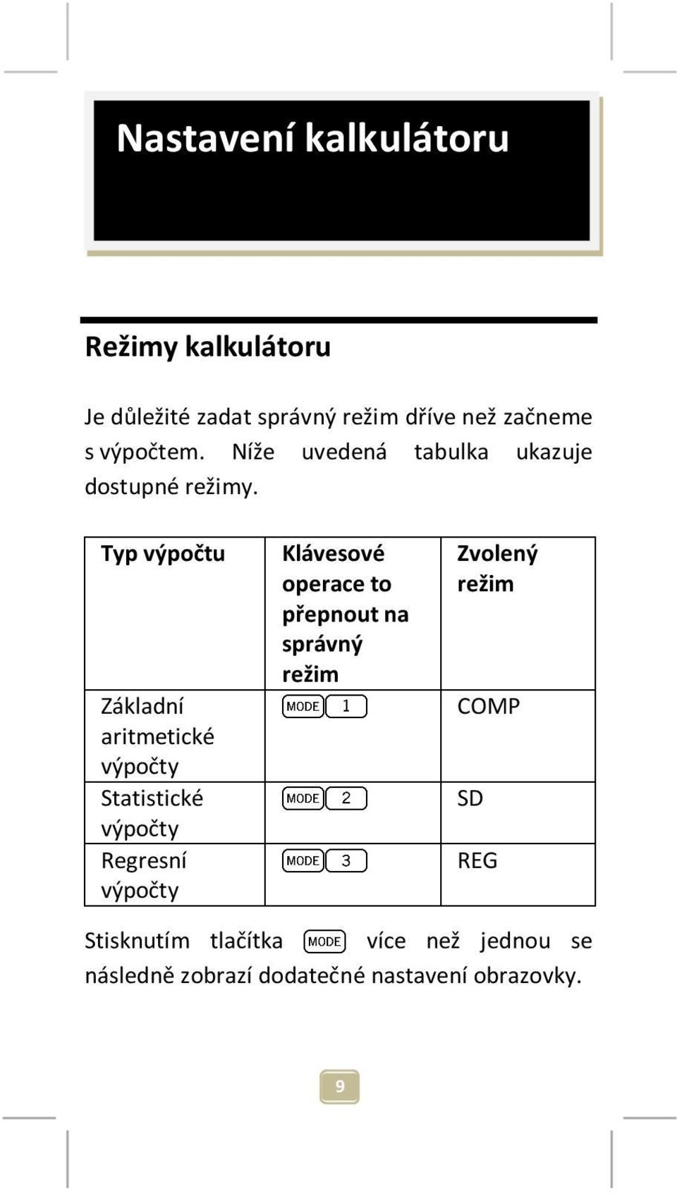 Typ výpočtu Základní aritmetické výpočty Statistické výpočty Regresní výpočty Klávesové operace