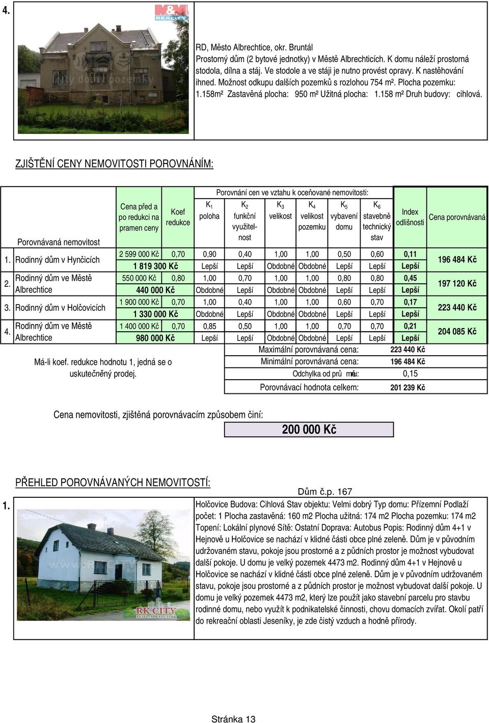 ZJIŠT NÍ CENY NEMOVITOSTI POROVNÁNÍM: 1. 2. Porovnávaná nemovitost Rodinný d m v Hyn icích Rodinný d m ve M st Albrechtice 3. Rodinný d m v Hol ovicích Rodinný d m ve M st 4.