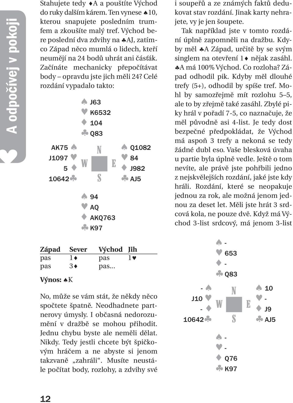 Celé rozdání vypadalo takto: AK75 J1097 5 10642 J63 K6532 104 Q83 94 AQ AKQ763 K97 Q1082 84 J982 AJ5 i soupeřů a ze známých faktů dedukovat stav rozdání. Jinak karty nehrajete, vy je jen šoupete.