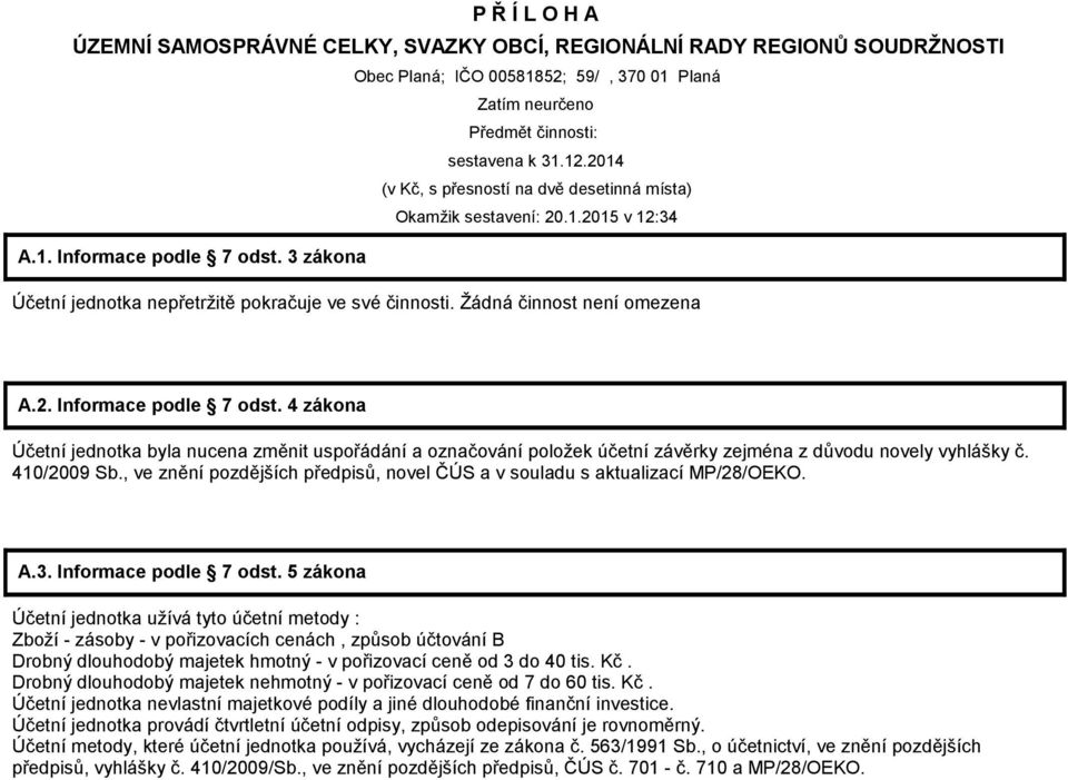 Žádná činnost není omezena A.2. Informace podle 7 odst. 4 zákona Účetní jednotka byla nucena změnit uspořádání a označování položek účetní závěrky zejména z důvodu novely vyhlášky č. 410/2009 Sb.