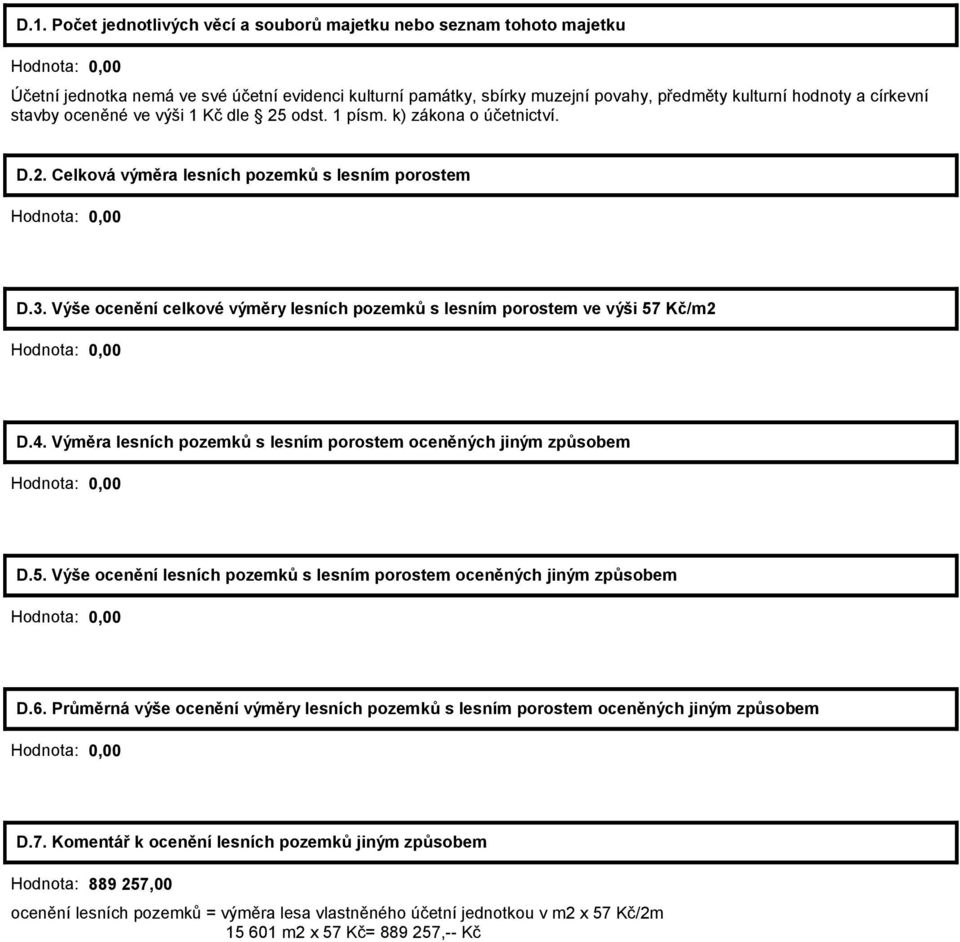 Výše ocenění celkové výměry lesních pozemků s lesním porostem ve výši 57 Kč/m2 Hodnota: 0,00 D.4. Výměra lesních pozemků s lesním porostem oceněných jiným způsobem Hodnota: 0,00 D.5. Výše ocenění lesních pozemků s lesním porostem oceněných jiným způsobem Hodnota: 0,00 D.