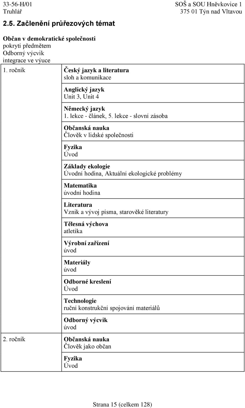 lekce - slovní zásoba Občanská nauka Člověk v lidské společnosti Fyzika Úvod Základy ekologie Úvodní hodina, Aktuální ekologické problémy Matematika úvodní hodina