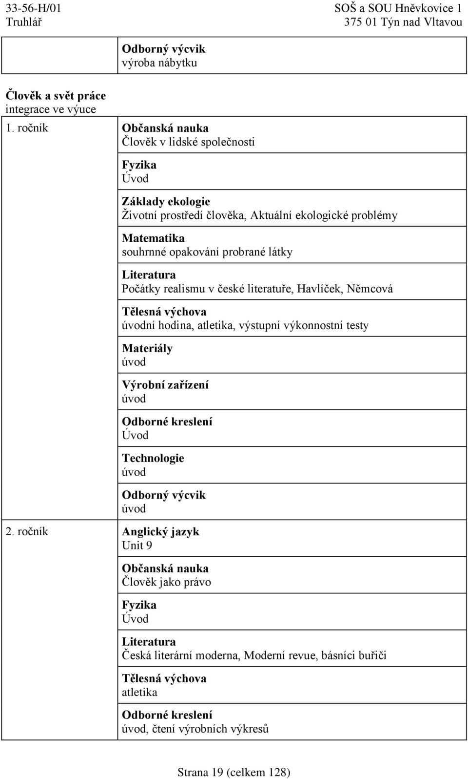 Literatura Počátky realismu v české literatuře, Havlíček, Němcová Tělesná výchova úvodní hodina, atletika, výstupní výkonnostní testy Materiály úvod Výrobní zařízení úvod Odborné