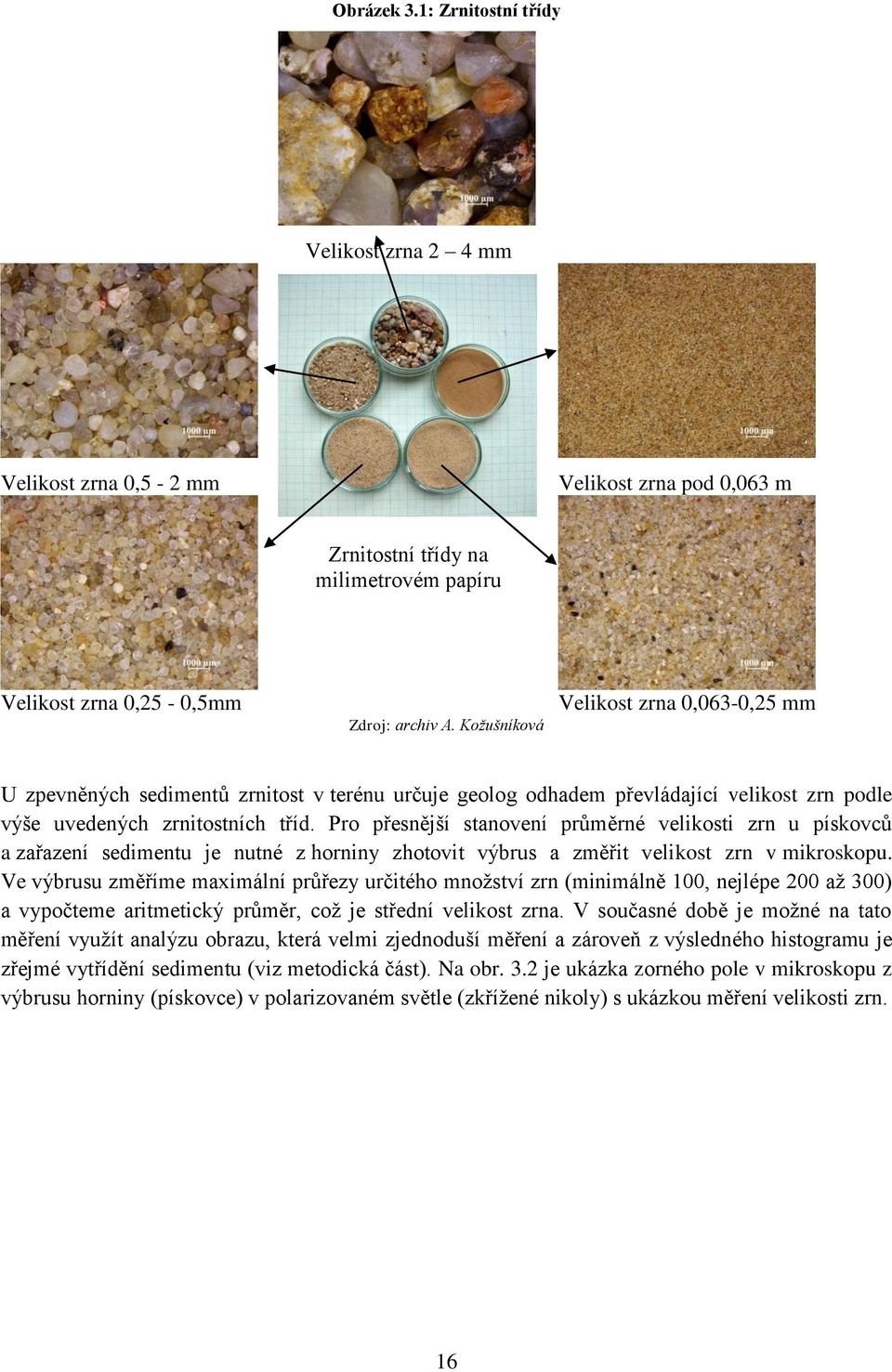 Pro přesnější stanovení průměrné velikosti zrn u pískovců a zařazení sedimentu je nutné z horniny zhotovit výbrus a změřit velikost zrn v mikroskopu.