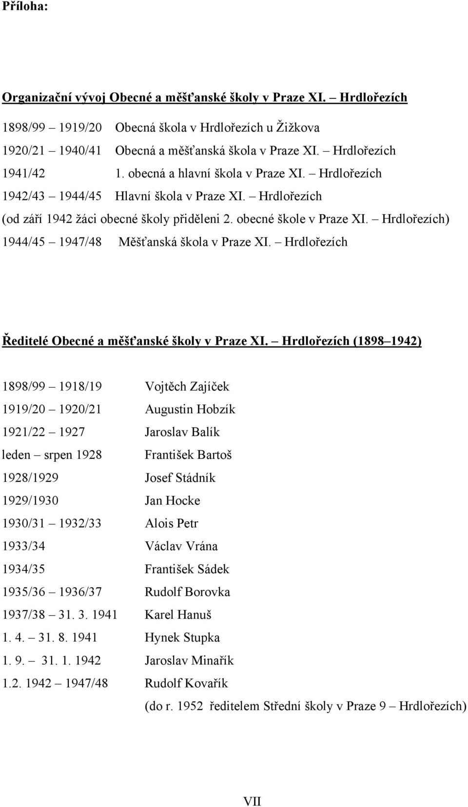 Hrdlořezích) 1944/45 1947/48 Měšťanská škola v Praze XI. Hrdlořezích Ředitelé Obecné a měšťanské školy v Praze XI.