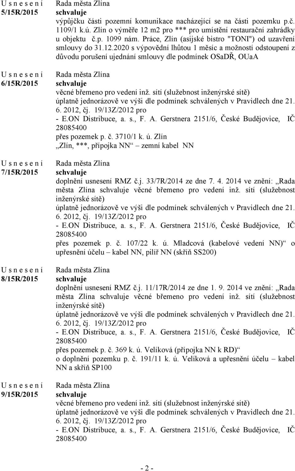 sítí (služebnost inženýrské sítě) úplatně jednorázově ve výši dle podmínek schválených v Pravidlech dne 21. 6. 2012, čj. 19/13Z/2012 pro - E.ON Distribuce, a. s., F. A.