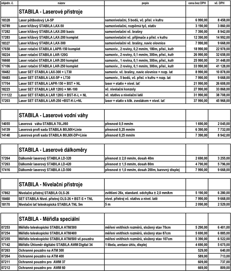 brašny 7 390,00 8 942,00 17283 Laser křížový STABILA LAX-200 komplet samonivelační vč. přijímače a přísl. v kufru 12 390,00 14 992,00 18327 Laser křížový STABILA LAX-300 samonivelační vč.