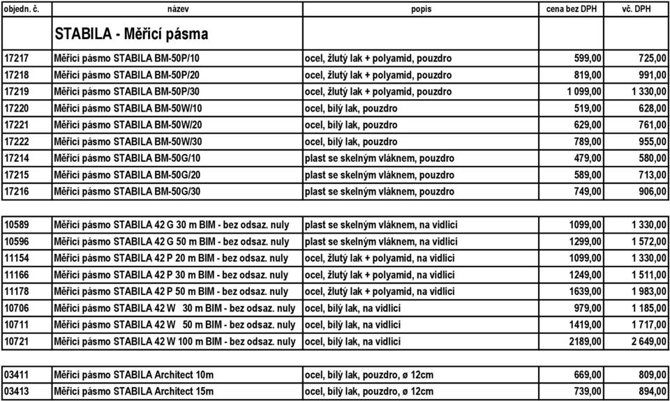 BM-50W/20 ocel, bílý lak, pouzdro 629,00 761,00 17222 Měřicí pásmo STABILA BM-50W/30 ocel, bílý lak, pouzdro 789,00 955,00 17214 Měřicí pásmo STABILA BM-50G/10 plast se skelným vláknem, pouzdro