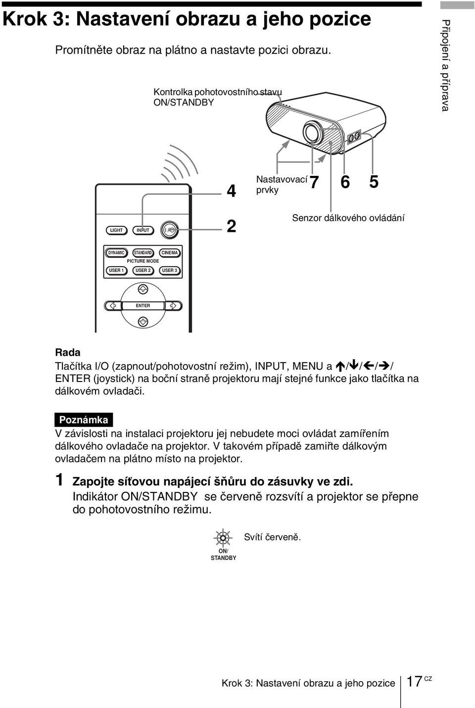 Tlačítka I/O (zapnout/pohotovostní režim), INPUT, MENU a / / / / ENTER (joystick) na boční straně projektoru mají stejné funkce jako tlačítka na dálkovém ovladači.