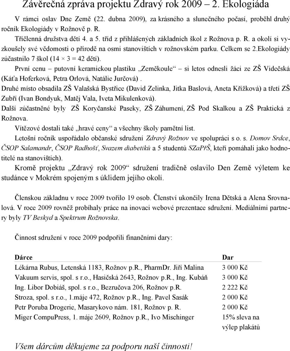 Ekologiády zúčastnilo 7 škol (14 3 = 42 dětí). První cenu putovní keramickou plastiku Zeměkoule si letos odnesli žáci ze ZŠ Videčská (Káťa Hoferková, Petra Orlová, Natálie Jurčová).