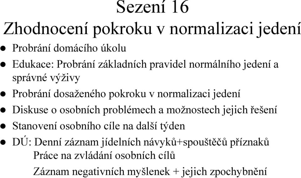 Diskuse o osobních problémech a možnostech jejich řešení DÚ: Denní záznam jídelních