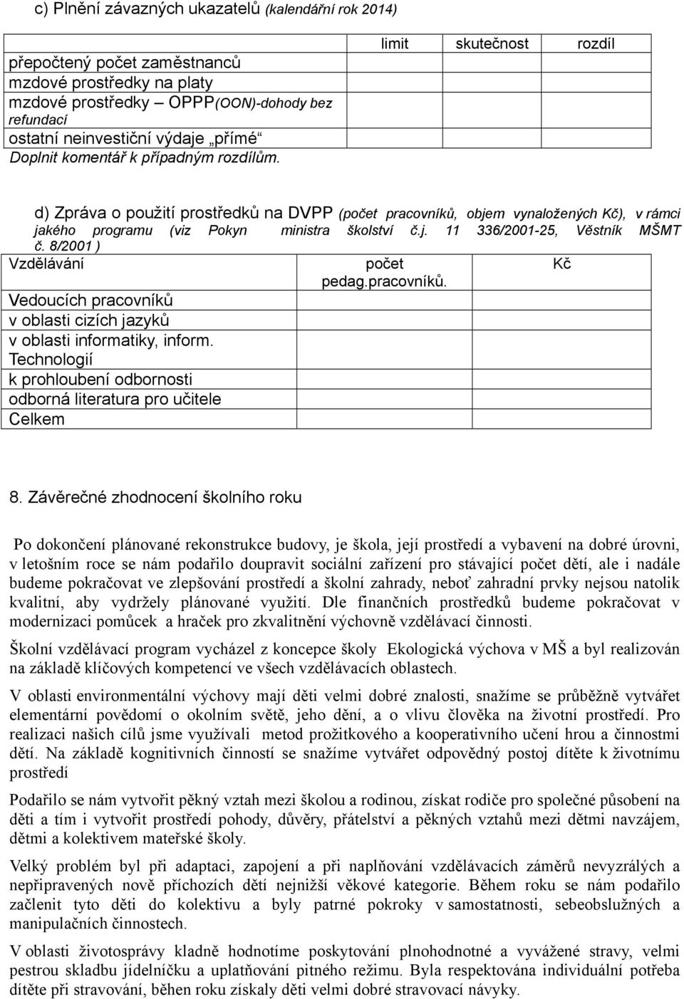 8/2001 ) Vzdělávání Vedoucích pracovníků v oblasti cizích jazyků v oblasti informatiky, inform. Technologií k prohloubení odbornosti odborná literatura pro učitele Celkem počet pedag.pracovníků. Kč 8.