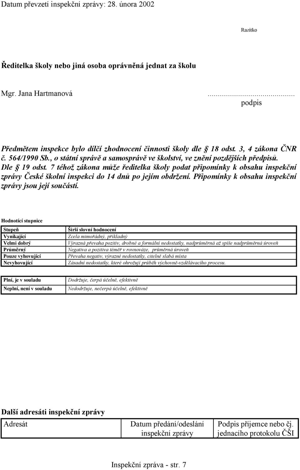 7 téhož zákona může ředitelka školy podat připomínky k obsahu inspekční zprávy České školní inspekci do 14 dnů po jejím obdržení. Připomínky k obsahu inspekční zprávy jsou její součástí.