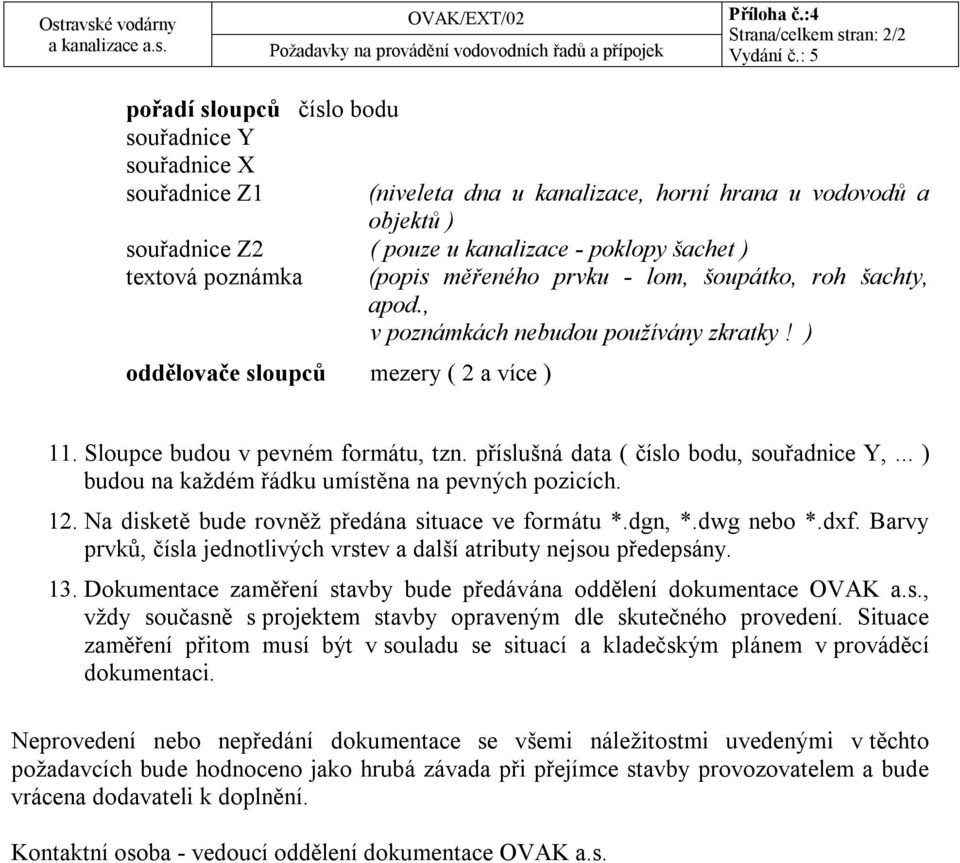 poznámka oddělovače sloupců mezery ( 2 a více ) (popis měřeného prvku - lom, šoupátko, roh šachty, apod., v poznámkách nebudou používány zkratky! ) 11. Sloupce budou v pevném formátu, tzn.