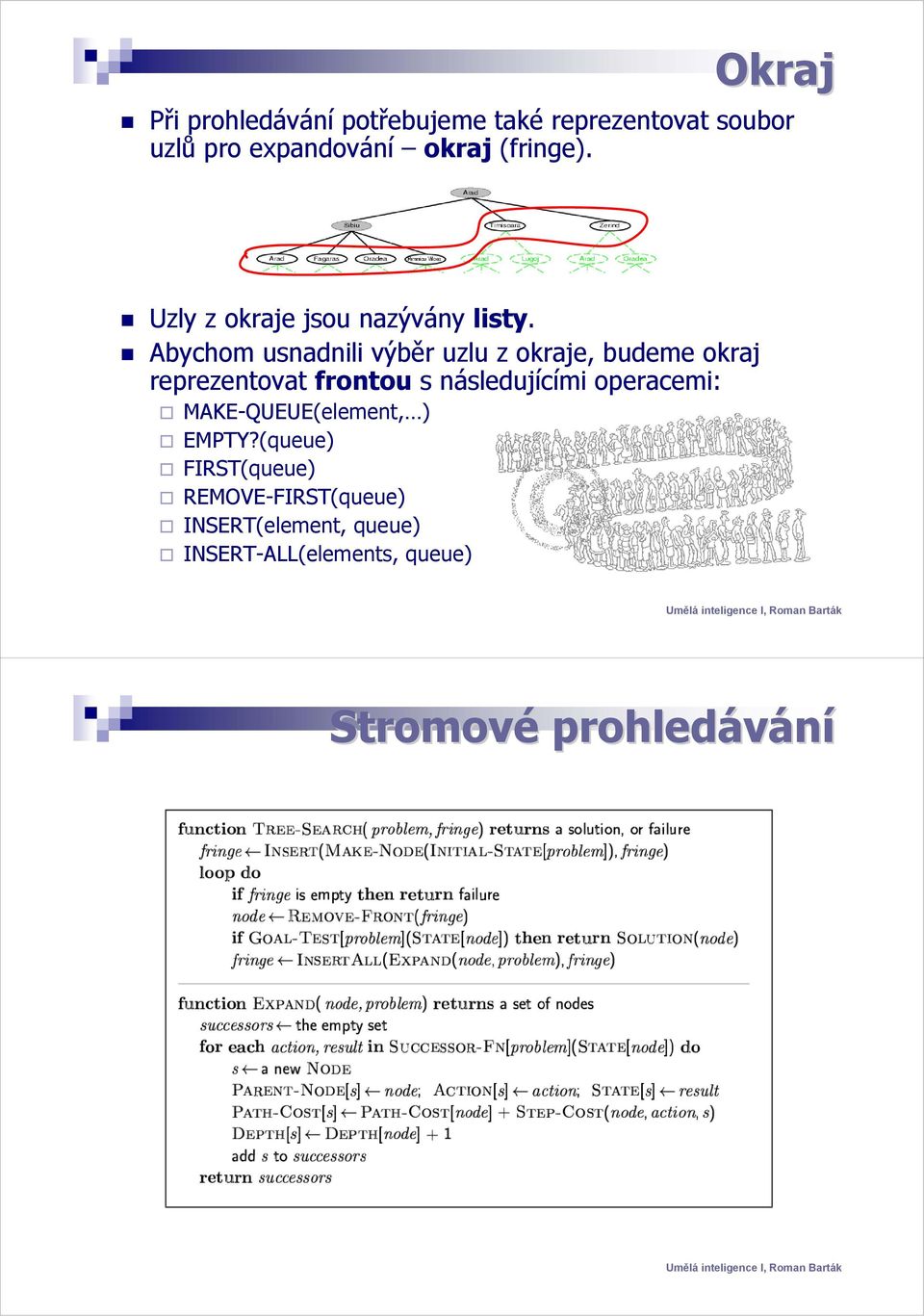 Abychom usnadnili výběr uzlu z okraje, budeme okraj reprezentovat frontou s následujícími