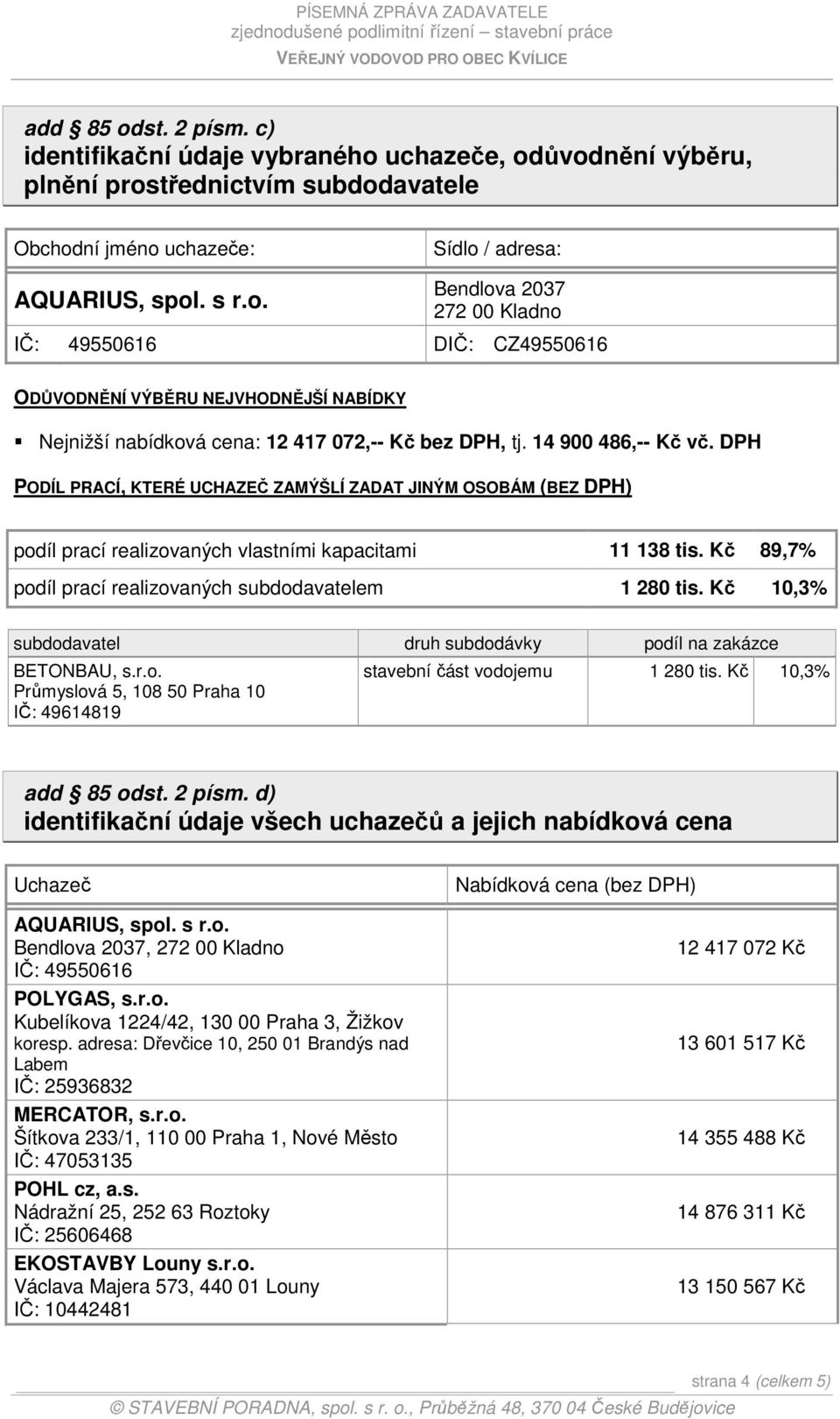 Kč 89,7% podíl prací realizovaných subdodavatelem 1 280 tis. Kč 10,3% subdodavatel druh subdodávky podíl na zakázce BETONBAU, s.r.o. Průmyslová 5, 108 50 Praha 10 IČ: 49614819 stavební část vodojemu 1 280 tis.