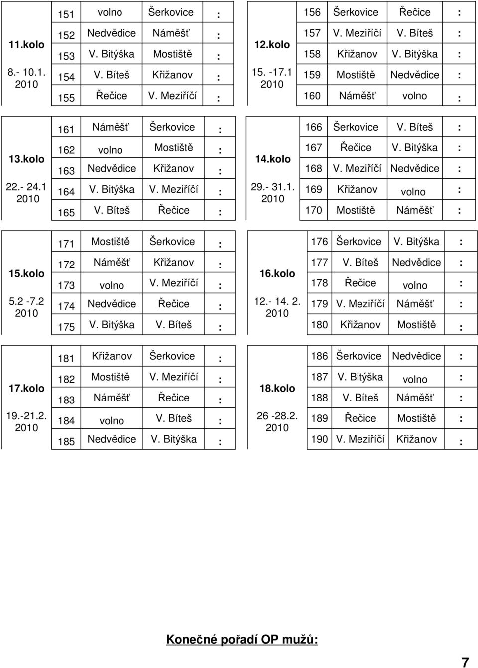 Bíteš : 162 volno Mostiště : 167 Řečice V. Bitýška : 14.kolo 163 Nedvědice Křižanov : 168 V. Meziříčí Nedvědice : 164 V. Bitýška V. Meziříčí : 29.- 31.1. 2010 169 Křižanov volno : 165 V.