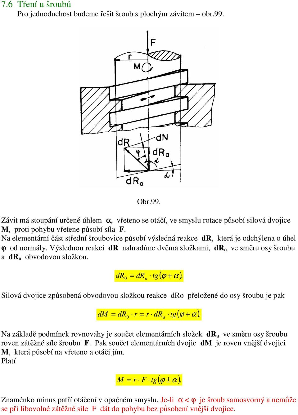 Na elementární část střední šroubovice působí výsledná reakce dr, která je odchýlena o úhel ϕ od normály.