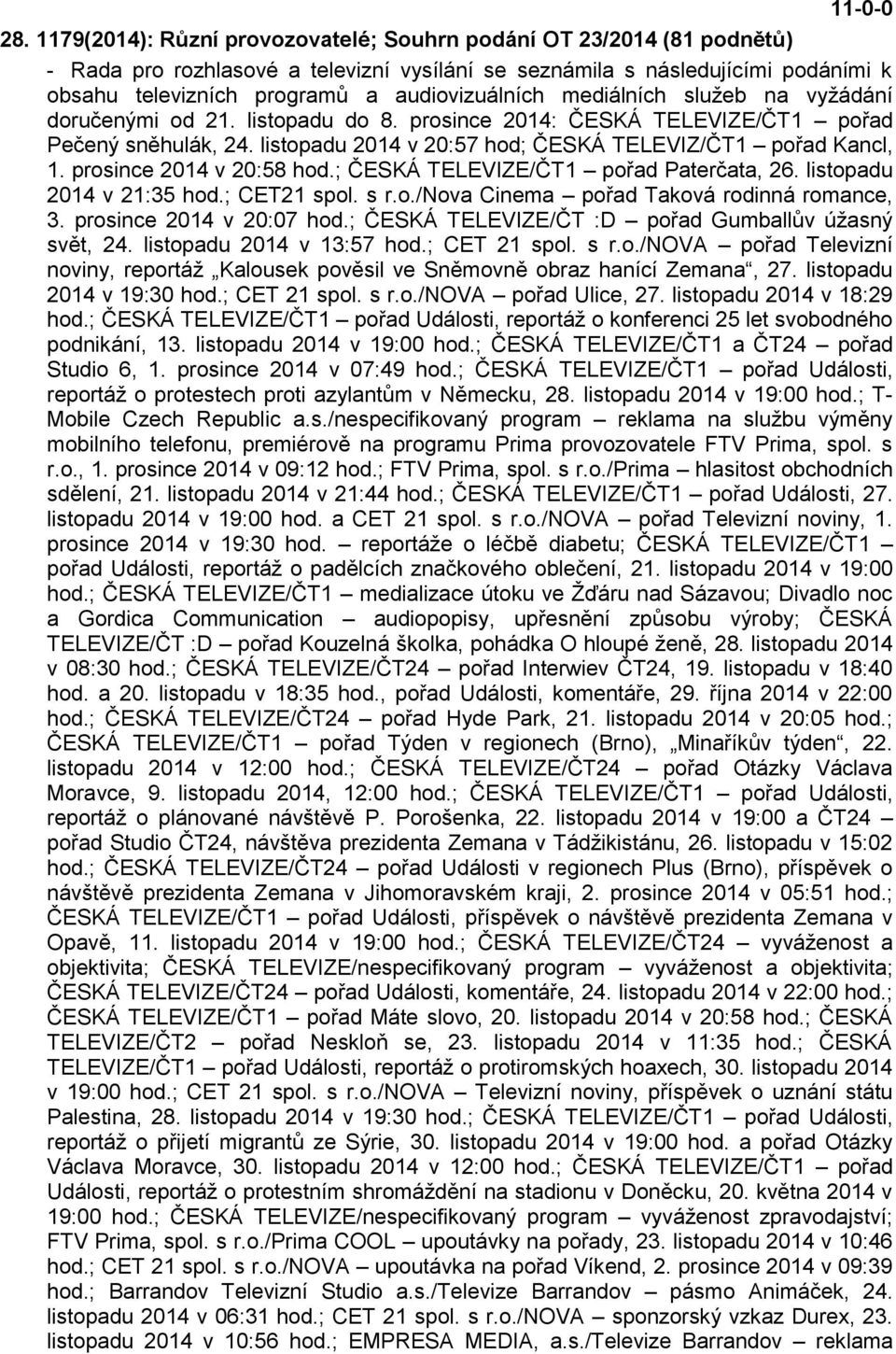 listopadu 2014 v 20:57 hod; ČESKÁ TELEVIZ/ČT1 pořad Kancl, 1. prosince 2014 v 20:58 hod.; ČESKÁ TELEVIZE/ČT1 pořad Paterčata, 26. listopadu 2014 v 21:35 hod.; CET21 spol. s r.o./nova Cinema pořad Taková rodinná romance, 3.