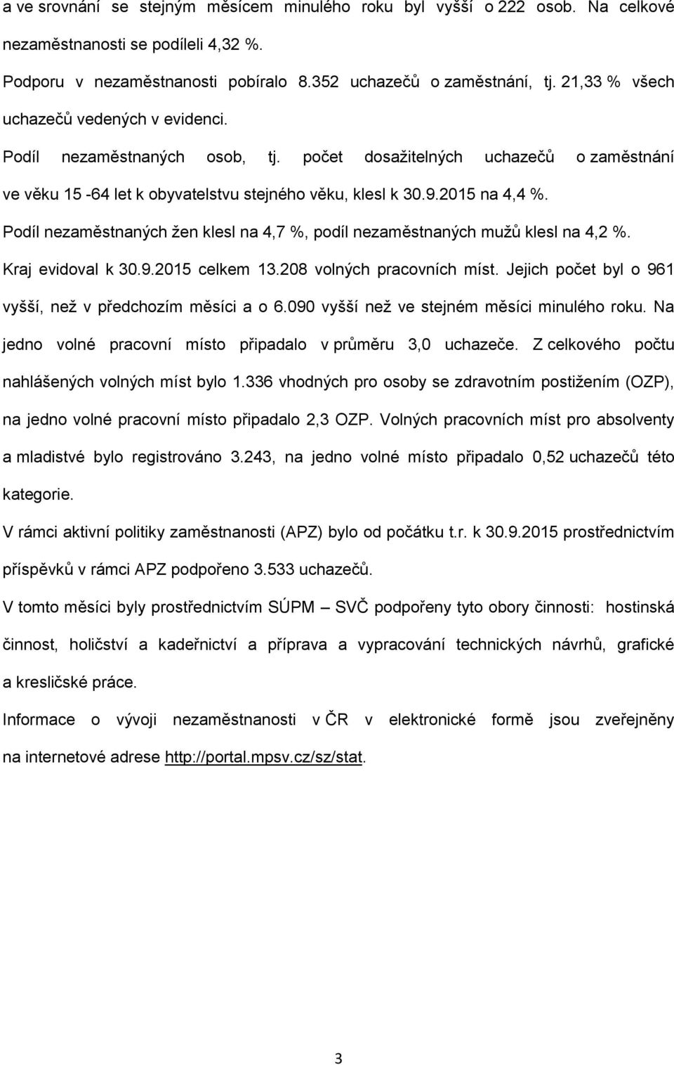 Podíl nezaměstnaných žen klesl na 4,7 %, podíl nezaměstnaných mužů klesl na 4,2 %. Kraj evidoval k 30.9.2015 celkem 13.208 volných pracovních míst.