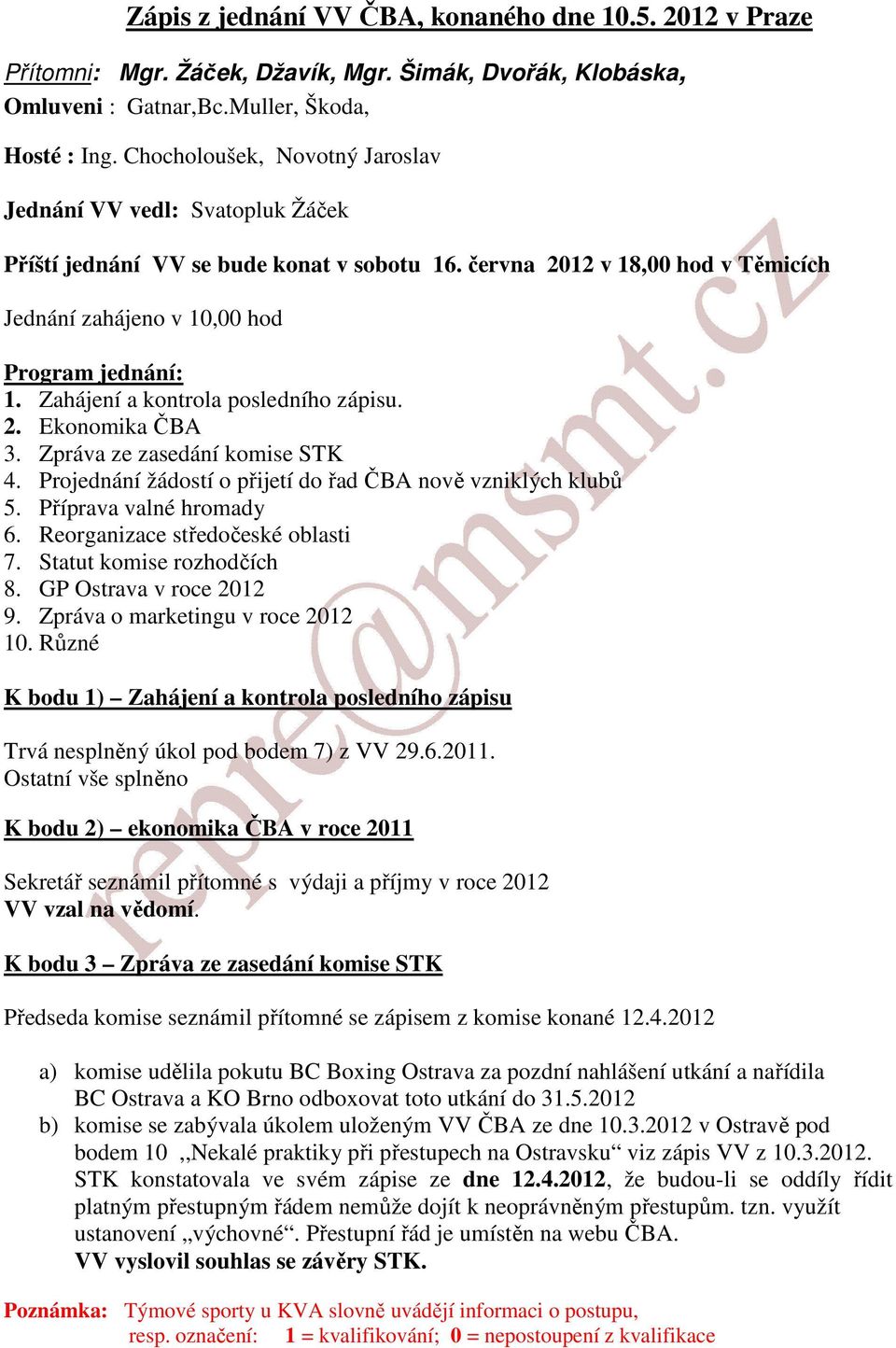 Zahájení a kontrola posledního zápisu. 2. Ekonomika ČBA 3. Zpráva ze zasedání komise STK 4. Projednání žádostí o přijetí do řad ČBA nově vzniklých klubů 5. Příprava valné hromady 6.