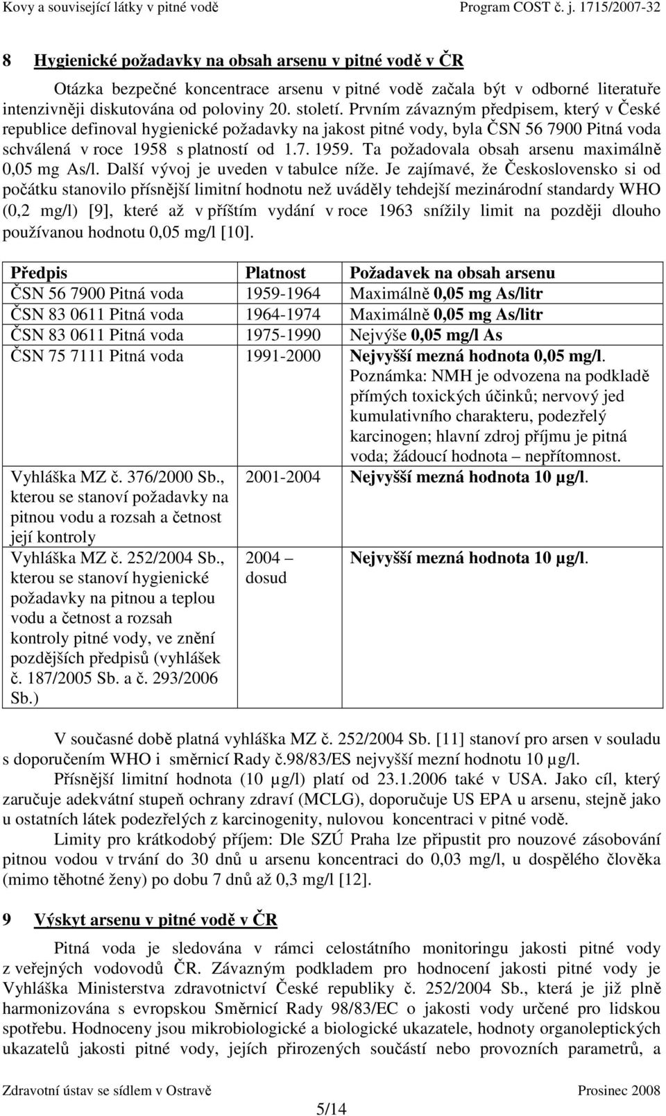 Ta požadovala obsah arsenu maximálně 0,05 mg s/l. Další vývoj je uveden v tabulce níže.