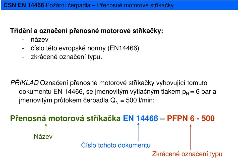 PŘIKLAD Označení přenosné motorové stříkačky vyhovující tomuto dokumentu EN 14466, se jmenovitým výtlačným