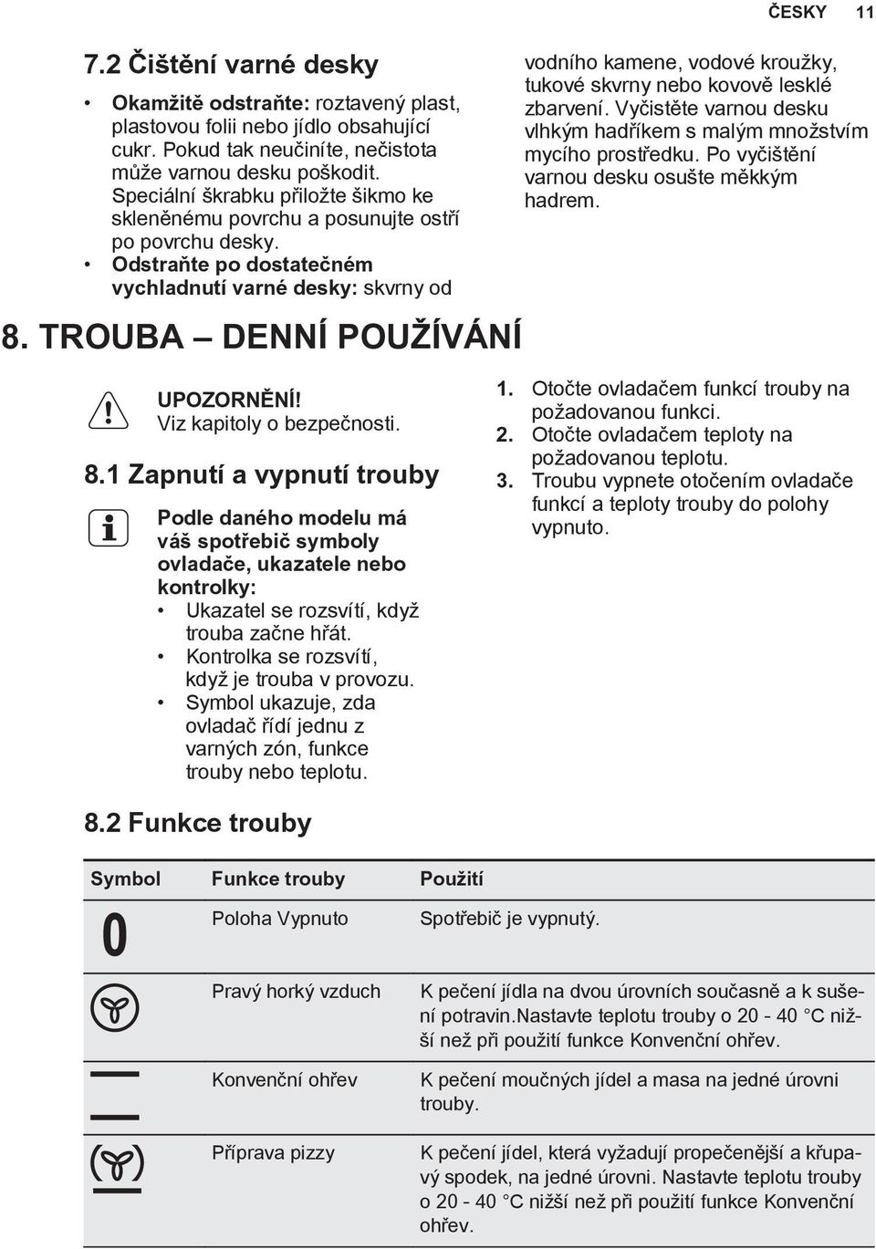 TROUBA DENNÍ POUŽÍVÁNÍ ČESKY 11 vodního kamene, vodové kroužky, tukové skvrny nebo kovově lesklé zbarvení. Vyčistěte varnou desku vlhkým hadříkem s malým množstvím mycího prostředku.