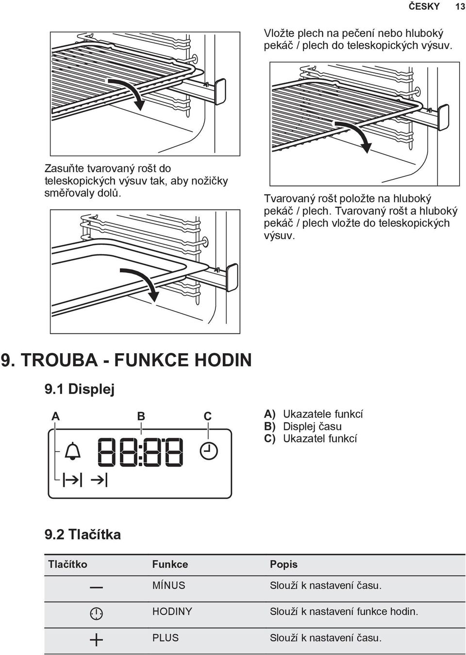 Tvarovaný rošt a hluboký pekáč / plech vložte do teleskopických výsuv. 9. TROUBA - FUNKCE HODIN 9.